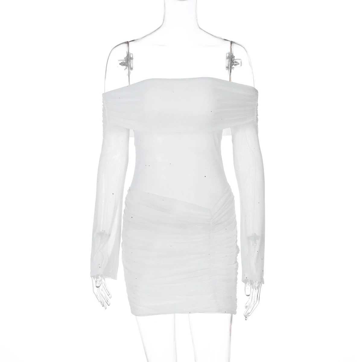 Basic Casual Dresses Lygens Shr Off The Shoulder Ruched Long Slve Ruched S Through WomenS Dresses Elegant Evening Party Korean Ladies Dress H25217