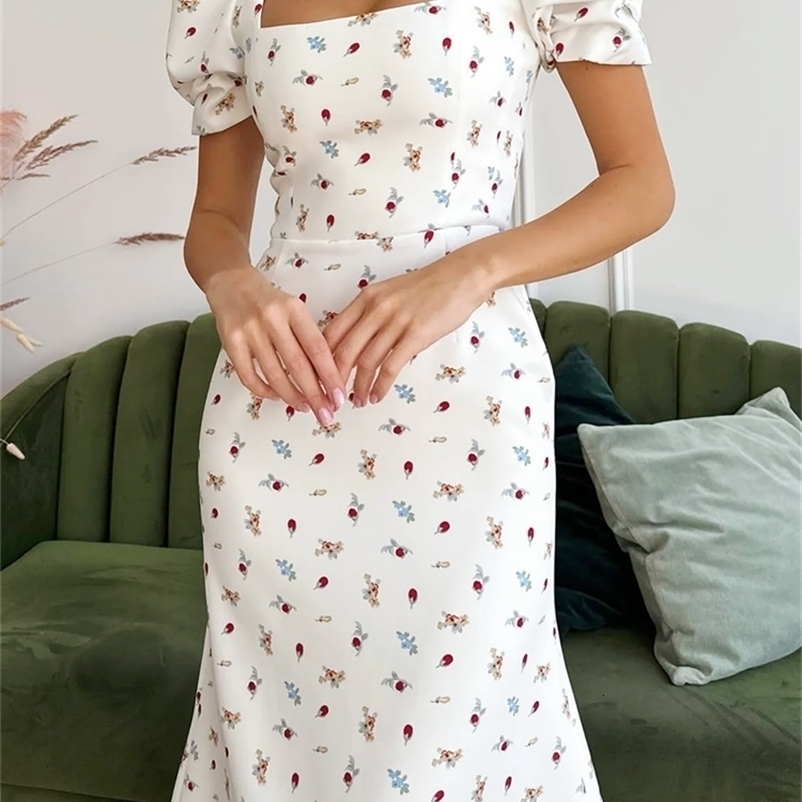 Women Floral Midi Vintage Dress Short Puff Sleeve Square Neck A-Line Dress Bohemian Summer Casual Elegant Flowy Dresses 250206