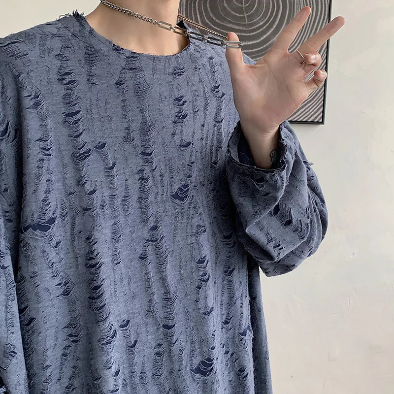 Spring Summer Men Hole T Shirts Harajuku Hip Hop Long Sleeve Oversized Tshirts Male Korean Fashion Tee Tops Plus Size 3XL 250122