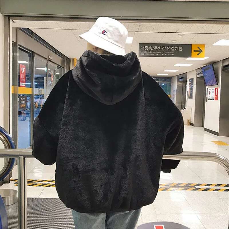 Plus Veet Hoodies Women Hooded Thicker Furry Cozy Korean Fashion Couples Simple Winter Warm Coats Loose Outwear Slouchy Ins