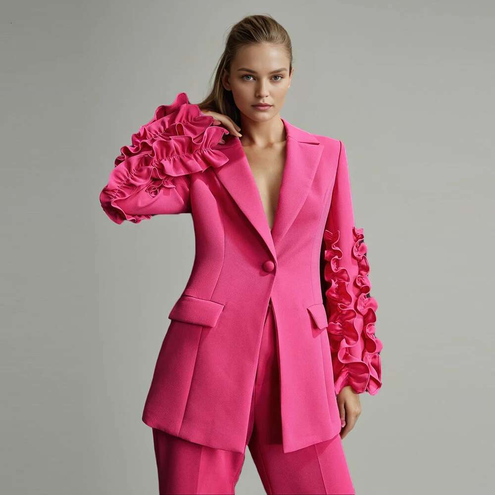Temperament Two Piece For Women Notched Collar Long Sleeve Spliced Ruffles Blazer High Waist Flare Pant Chic Set Female