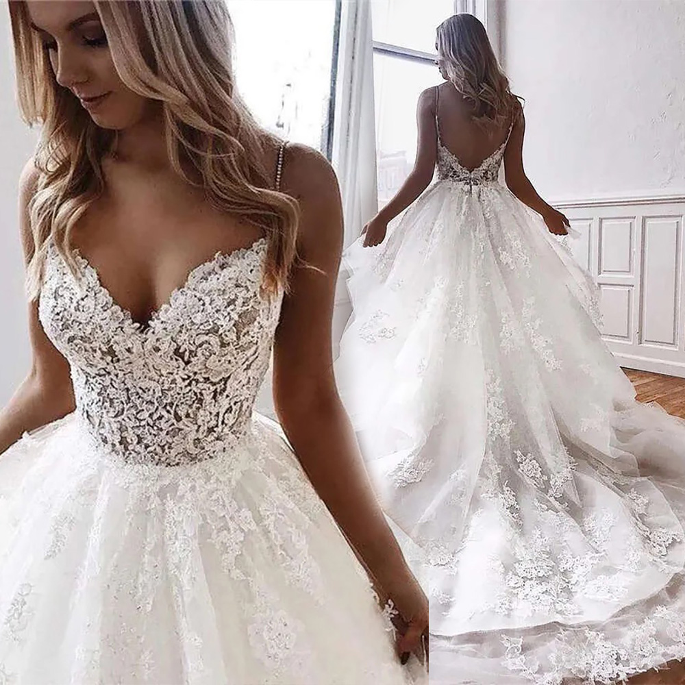 A-Line Bride Dresses Spaghetti Straps Lace Applique Tiered Tulle Custom Made Chapel Train Wedding Gown