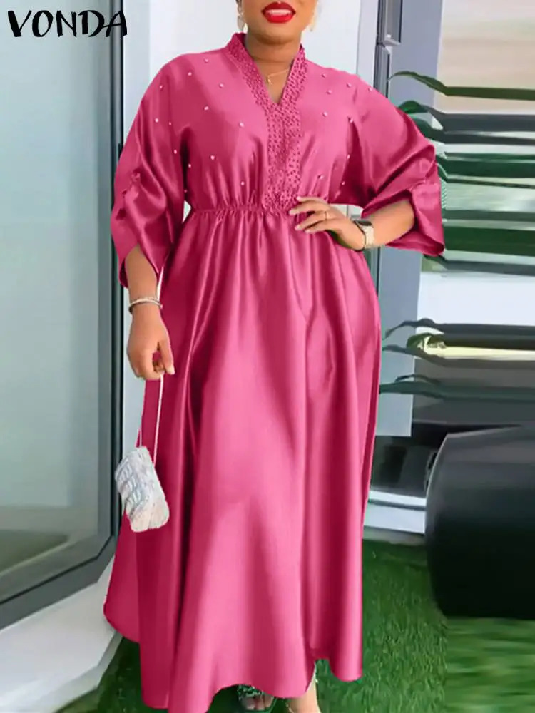 Plus size VONDA elegant womens dress 2024 retro onethird sleeve solid color Sundress sexy Vneck loose robe vest 250214