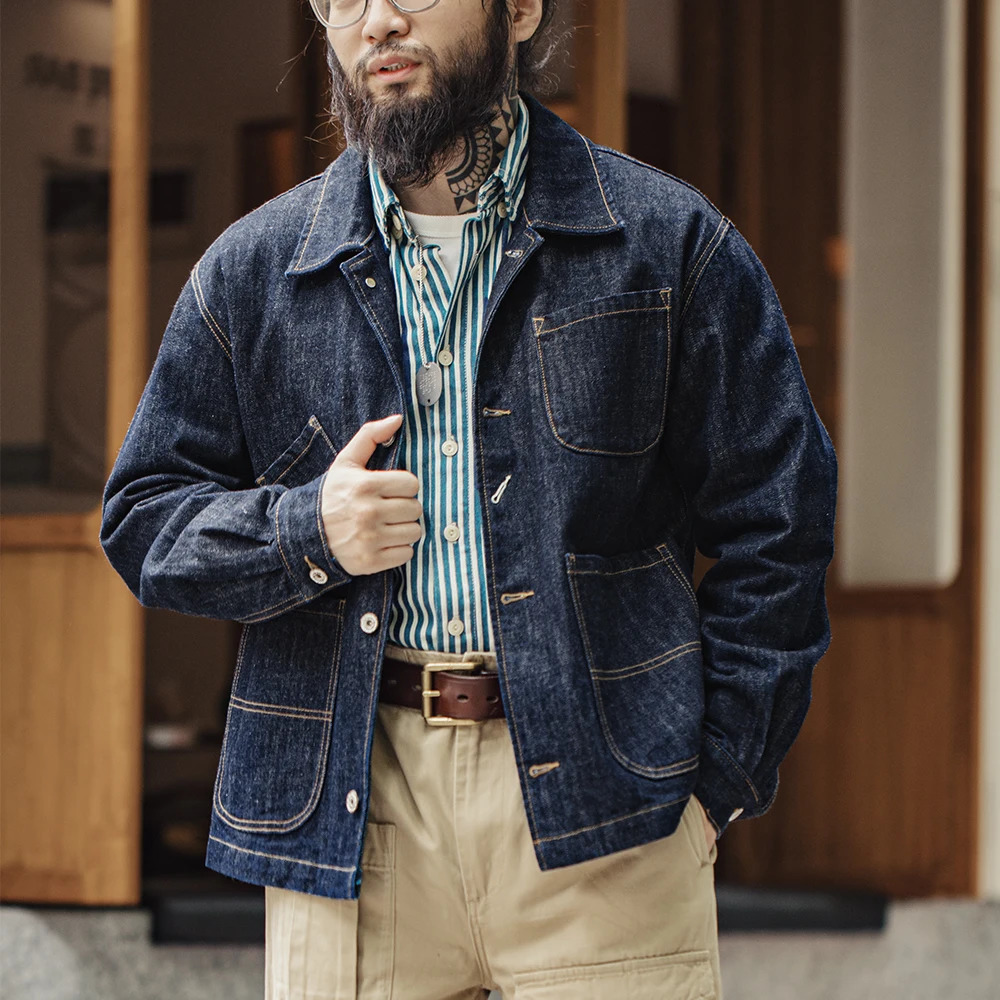 Maden Vintage 4Pockets 14OZ Jacket for Men Stand Collar Denim Outwear Coat Version Mens Spring Streetwear Coats 250210