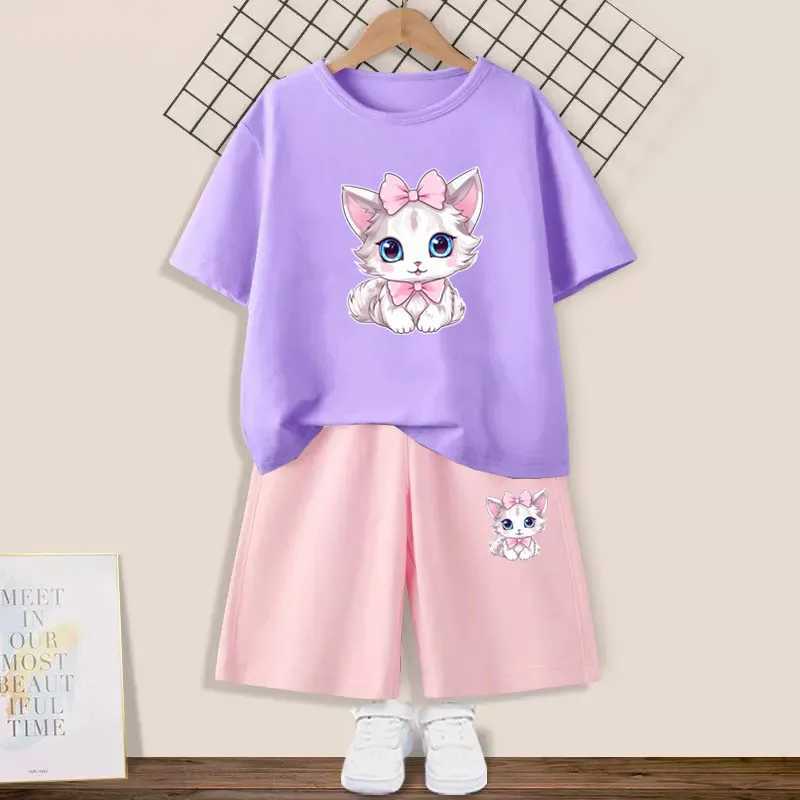 Girl Cute Cat Printed Clothing Set Childrens Summer Fashion Short sleeved T-shirt+Shorts 2-piece Set Childrens Clothing W250218