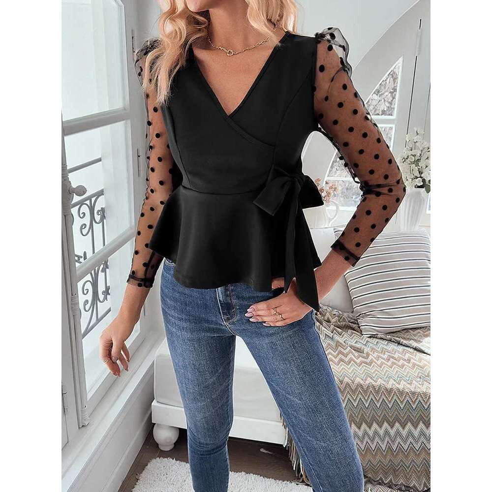 Women's Fashion Casual Soild Black Color Mesh Ing Long Sleeve V-Neck Side Bow Loose Hem Waist Knit Top Shirt