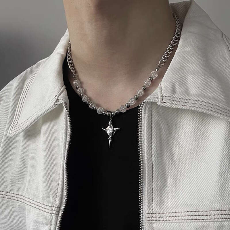 Ice cracked bead splicing cross titanium steel necklace for men's hip-hop niche high-end feeg, light , handsome and trendy sweater chain