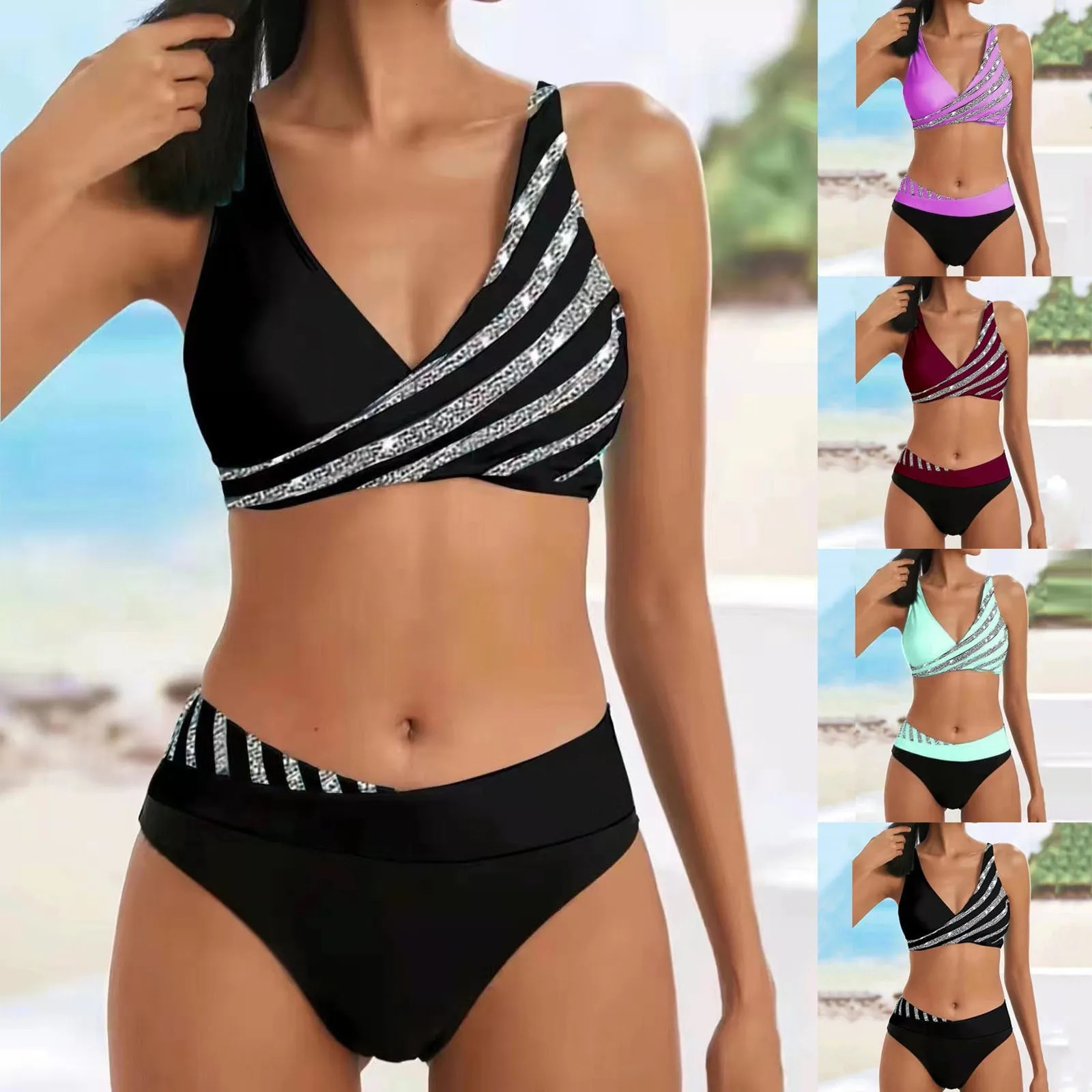 Women Shiny Print 2pcs Tankinis Set Push Up Bra High Waist Beachwear Summer Sexy Split Swimsuit Beach Bathing Suit 250213