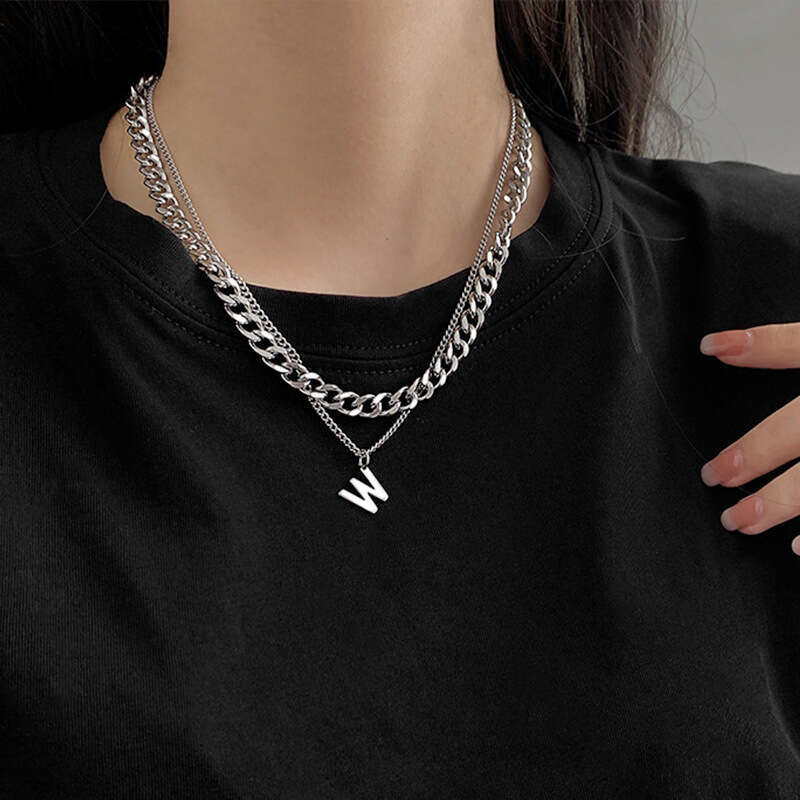 Titanium Steel Personality Letter W Necklace Double layered Layered Sweater Versatile Simple Hip Hop Cuban Chain Korean Edition Men's and Women&#