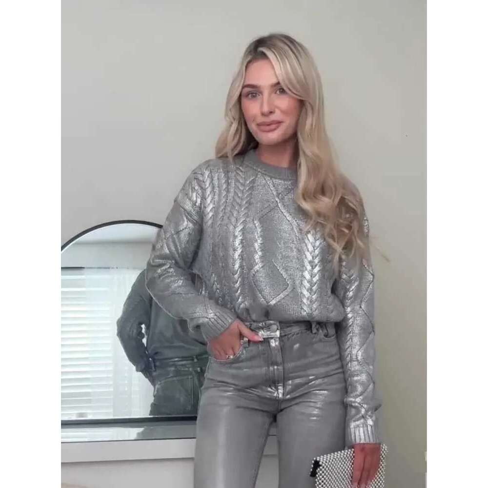 Elegant Silk Sweater For Women: Metallic Color O-Neck Knotted Knitwear