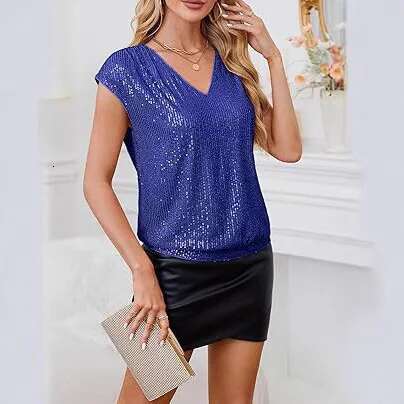 2025 New Women's T-shirts Fashion V-neck Sequin Solid Color Short Sleeved Designer T Shirt Black And Red Casual Office Women's Basic Tops Ts