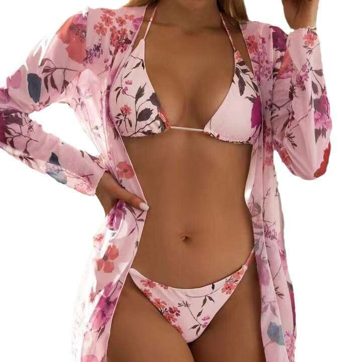 5 Colors European and American Printed Mesh Three piece Cover Shirt Bikini Swimsuit 2025 New Casual Versatile Fashion Clothing