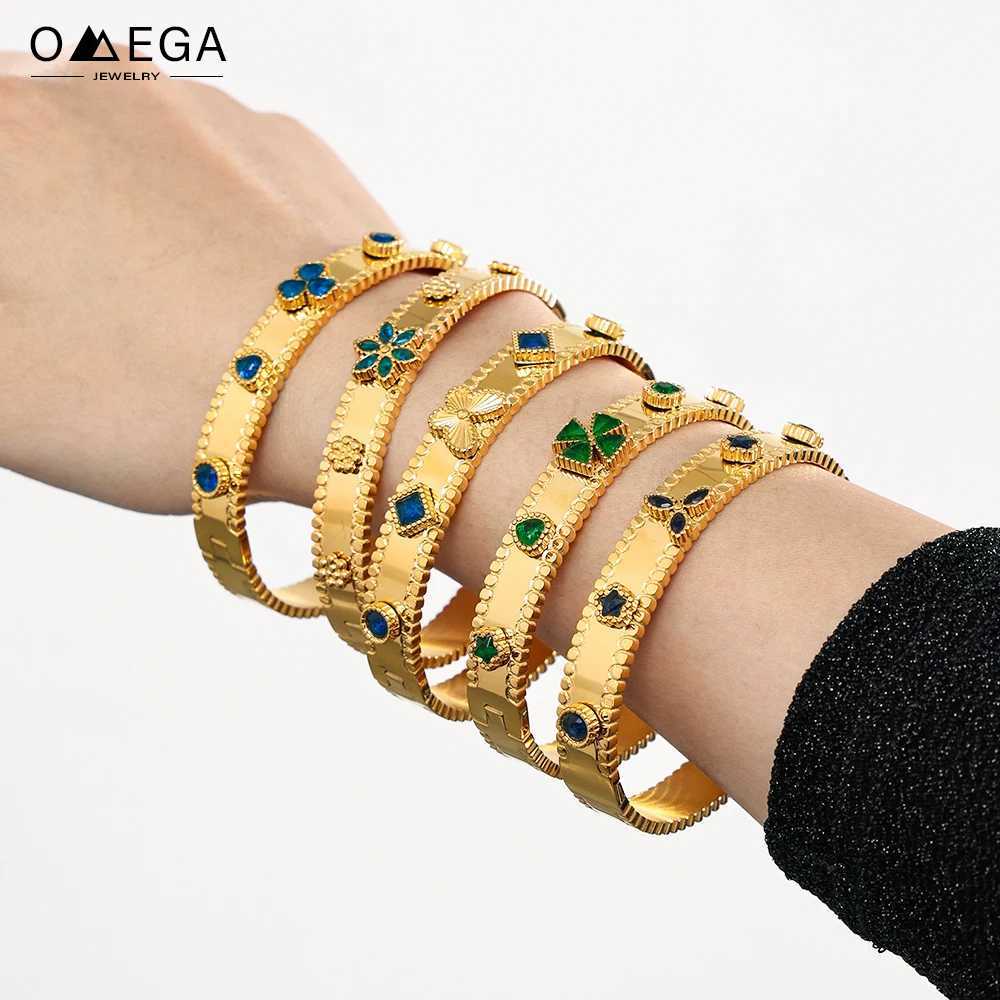 Bangle Multi shaped colored glass stone open bracelet 18k gold-plated stainless steel womens cuff H250217