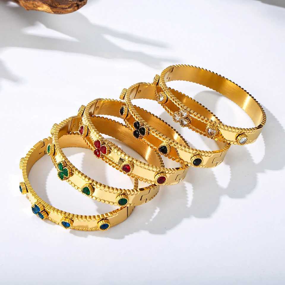 Bangle Multi shaped colored glass stone open bracelet 18k gold-plated stainless steel womens cuff H250217