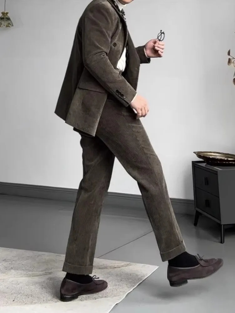 Retro office mens suit mens double chest Corduroy suit jacket slim fit pants two-piece set 250213