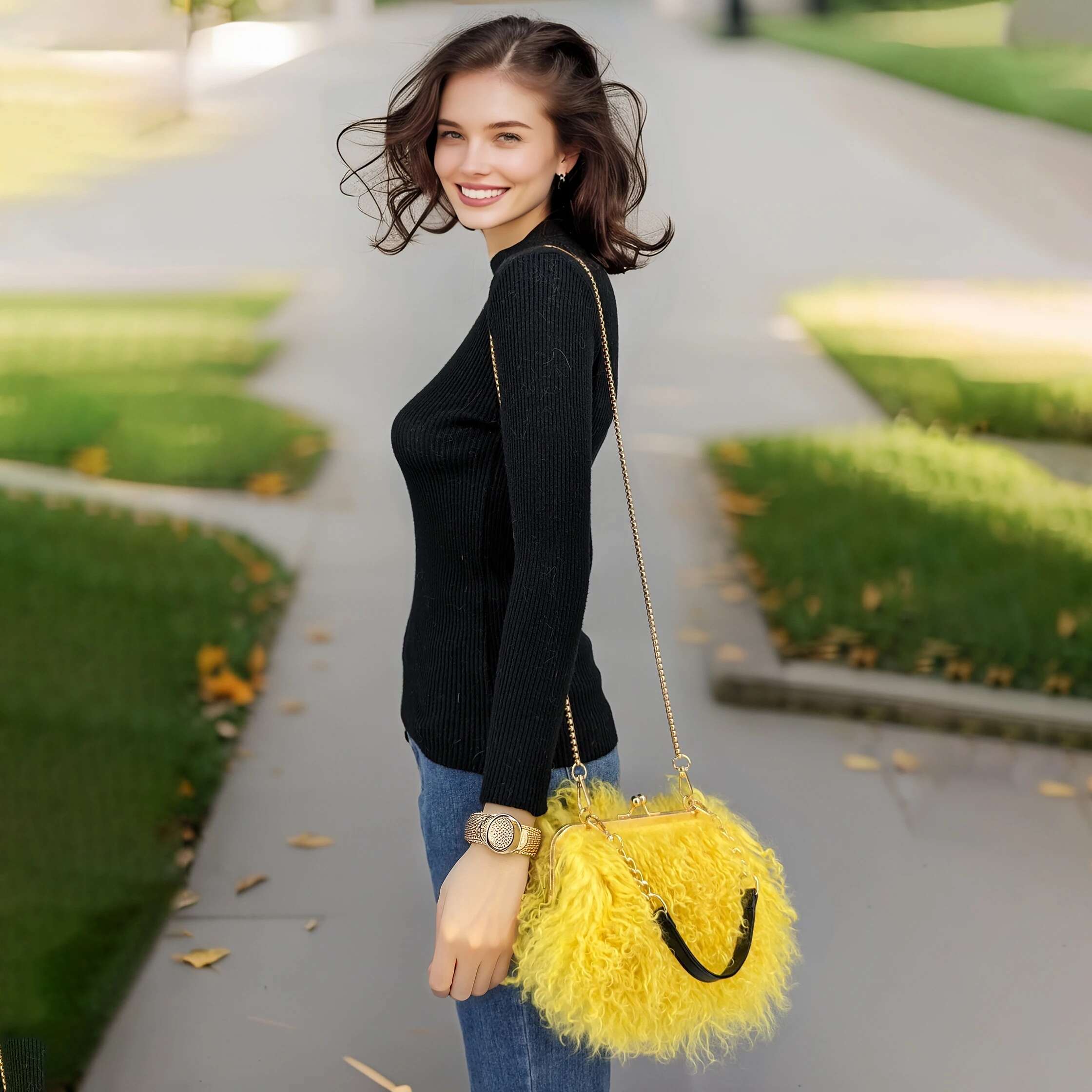 real Long handBag Women Mongolian Sheep Bag Beach Wool Fur One Shoulder bag