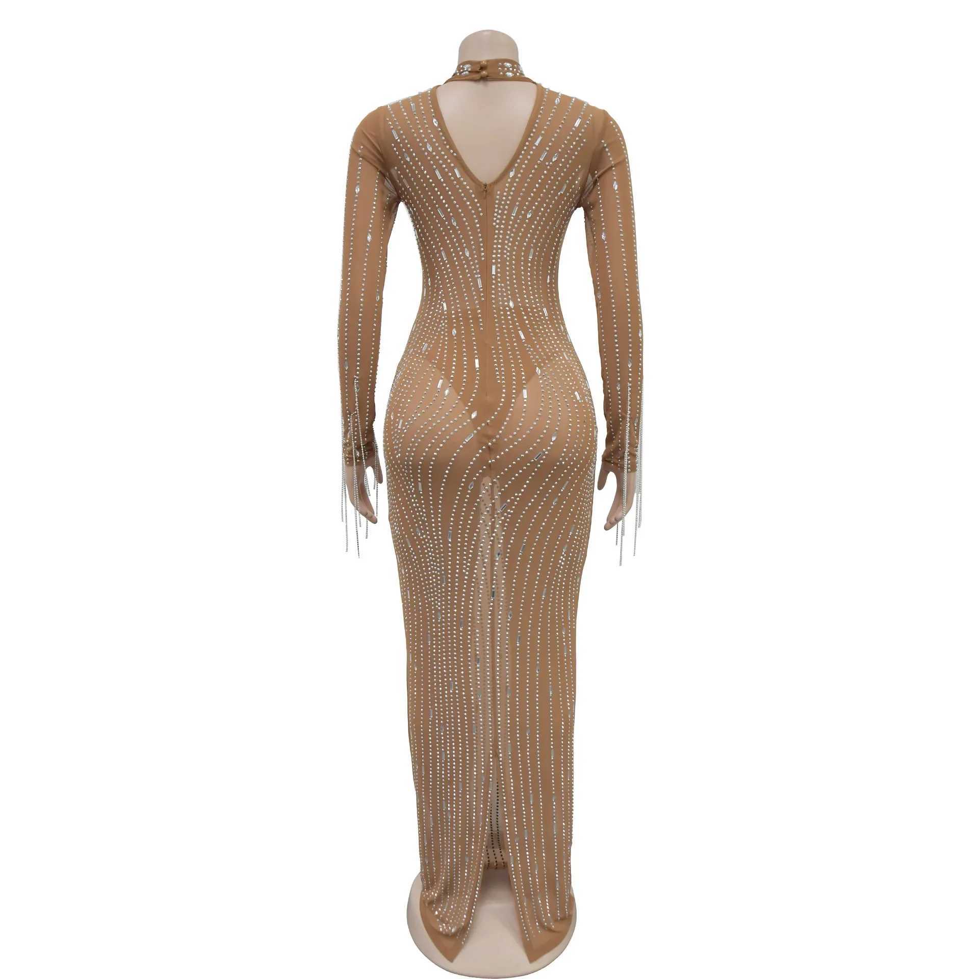 Basic Casual Dresses 2025 Women Long Slve Mesh S Through Diamonds Hot Rhinestones Bodycon Dress Woman Maxi Long Evening Birthday Dresses H25217