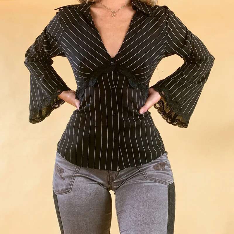 Lamuusaa Striped Shirts Women Lace Trim Deep V Neck Single Breasted Flared Sleeve Cardigan Blouses Tops Y2k Clothing Streetwear