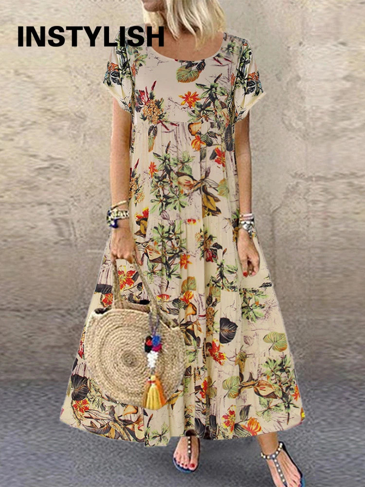 Vintage Floral Print Long Dress Summer Short Sleeve O Neck Oversized Boho Dress Women Cotton and Linen Maxi Sundress Beach Party 250213