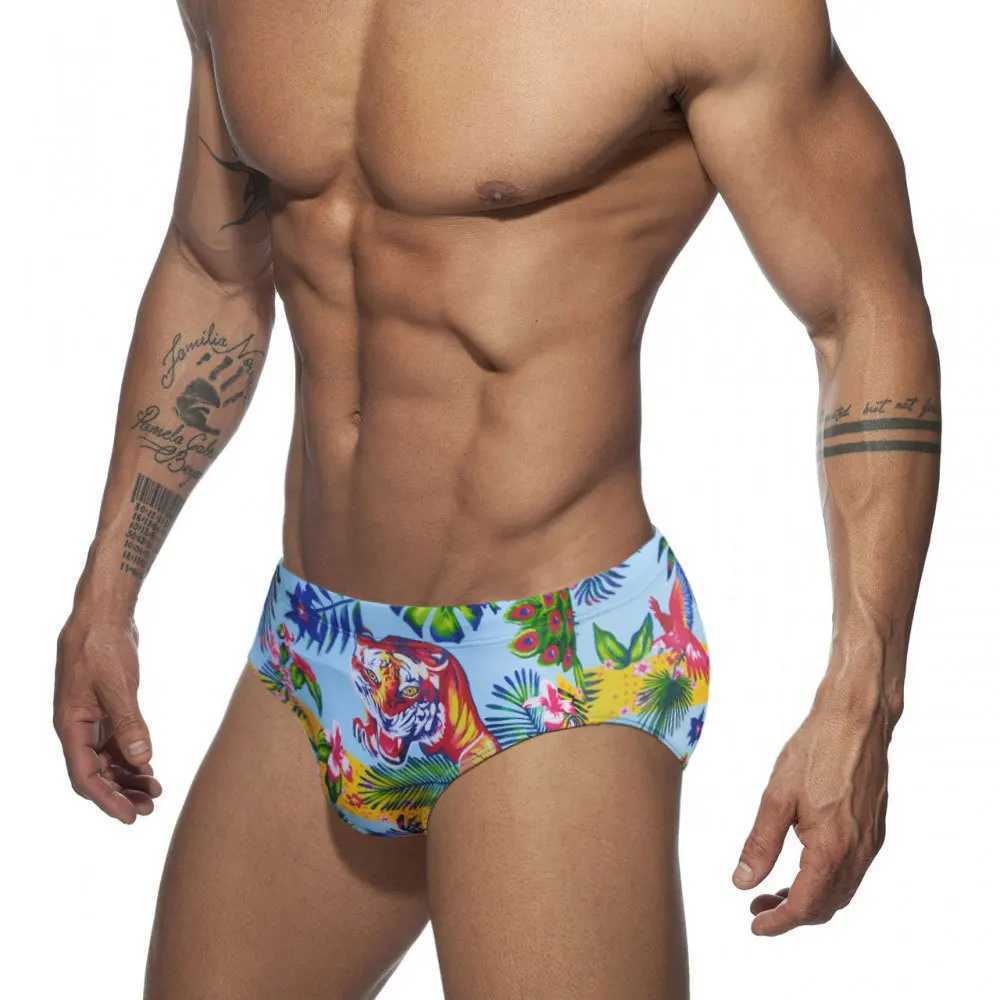 Blue Jungle Series Tiger Print Trend Fashion Swimsuit Beach Briefs Mens M250218