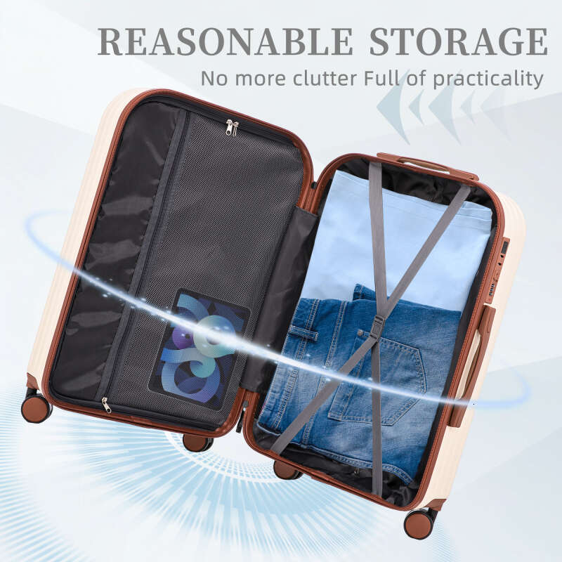 Suitcases 20/24/28in ABS Spinner Wheel Lage Carry on Suitcase with Cup Holder USB Port (Beige)