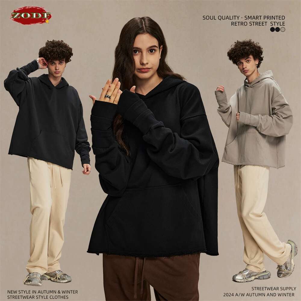 ZODF New Autumn Men Heavyweight 450gsm Hoodie Unisex Loose Ninja Sleeve 100% Cotton Hooded Pullovers Winter Coat HY0927