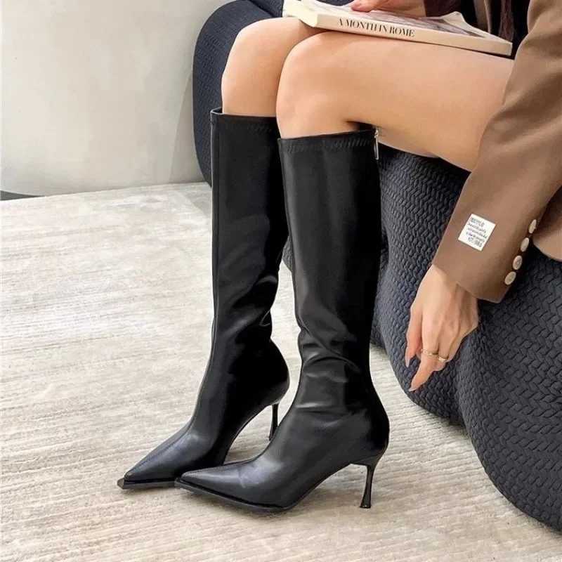 2024 New Winter Womens Pointed Toe High Stiletto Heel Pleated Knee High Boots Womens Mid-Leg Comfortable Zapatos De MujerXJ250217