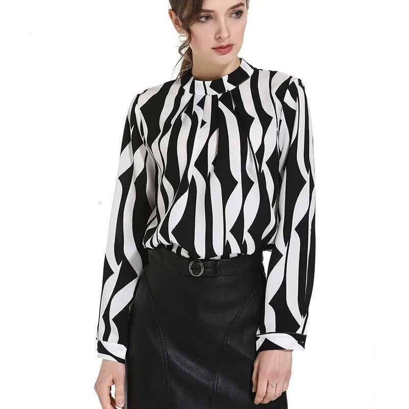 Fashion O-Neck Blouse Spring New White Black Striped Long Sleeve Chiffon Shirt Elegant Office Lady Work Wear Tops Blusas 0941 60