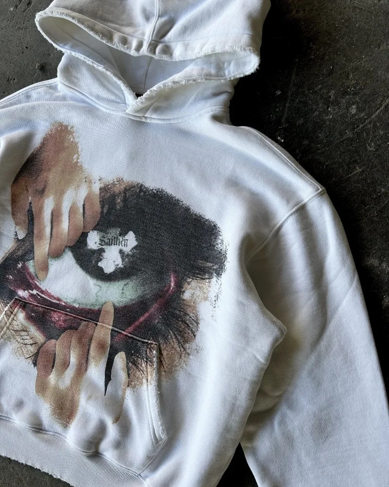 Winter men streetwear loose hoodie y2k Harajuku fashion fur edge n sense personality decorative printed sweatshirt 250214