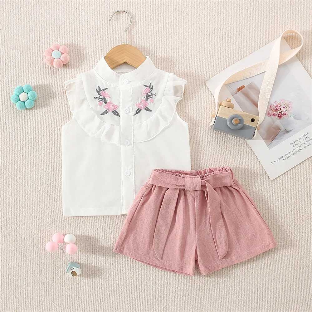 Childrens Clothing Set Summer Baby Girl Embroidered Short Sleeved Shirt+solid Color Shorts Casual 2/Piece Set W250218