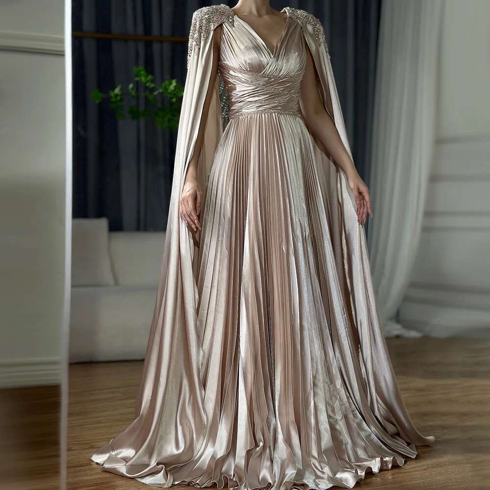 Beaded Nude Satin A E Saudi Arabic Evening Dress Gown With Cape Sleeves Formal Ocn Customize BLA rabic vening BL