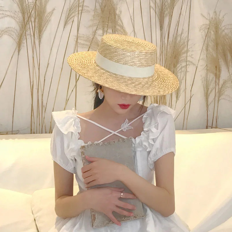 Summer Female Natural Stiff Wheat Straw Boater Fedora Top Flat Hat Women Beach Brim Cap RAFFIA Sun Hat for Women Jazz Panama 250218