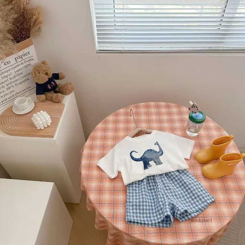 Baby clothing set for newborn boys casual dinosaur print short sleeved T-shirt+checkered shorts preschool girls summer childrens clothing set W250218