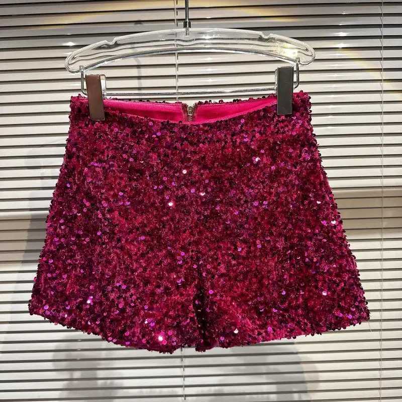 New Clubwear Shorts Ladies Sexy Sequins Shorts Loose High Waist Streetwear Wide Leg Short Pants Sr Black Women ClothingXJ250217