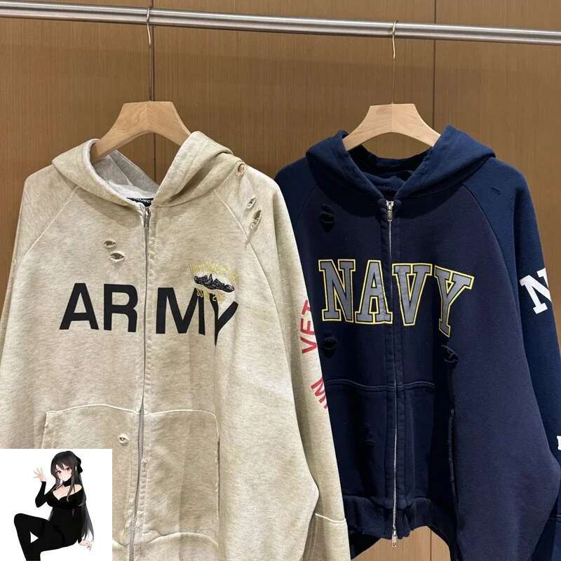 Stain Fake Two Pieces Grailz Project Hole Damage Zipper Hoodie Men Women Vintage Distress Badge Print Sweatshirts Loose Jacket