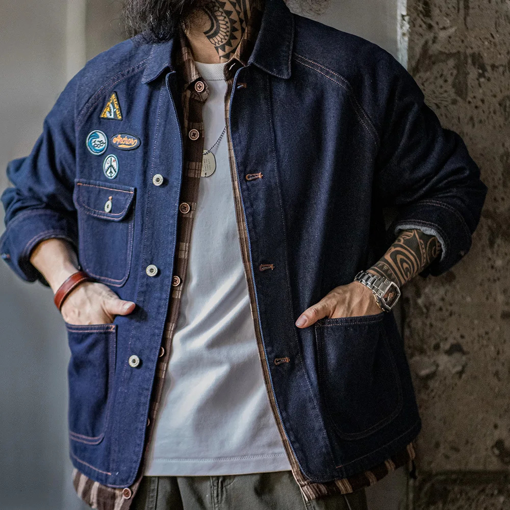 Maden Vintage Embroidered Badge 128oz Heavyweight Denim Jacket Washed Lapel Casual Outerwear for Men Spring and Fall Chore Coat 250212