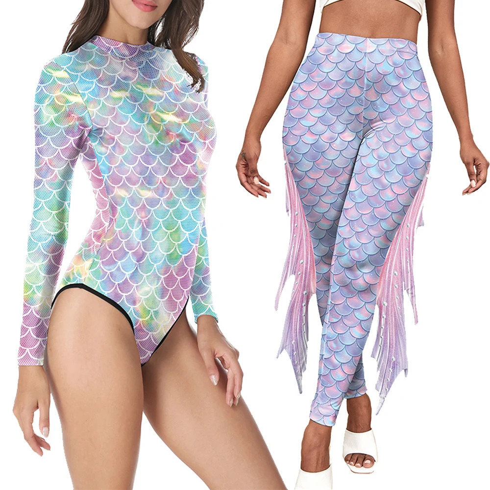 Nadanbao womens mermaid twopiece set Chroma fish scale print roleplaying clothing long sleeved bodysuit with stretch yoga pants 250217