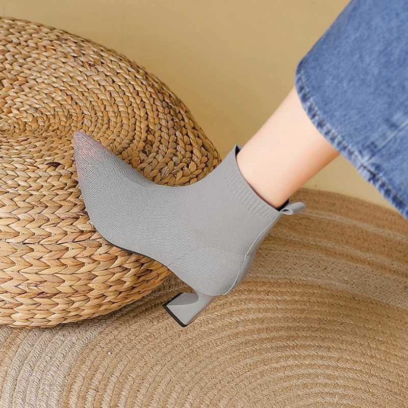 Woman Knitted Ankle Boots 2023 Autumn Womens Pointed Toe Sexy High Heel Pumps Ladies Outside Shoes Female Casual Short BootsXJ250217