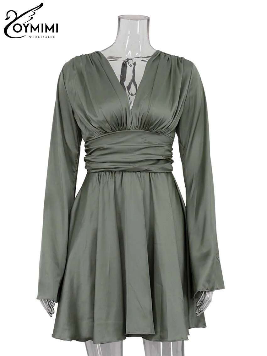 Oymimi Fashion Green Satin Women's Dress Elegant Deep V-Neck Long Sleeve Autumn High Waist Pleated Mini Dresses Female