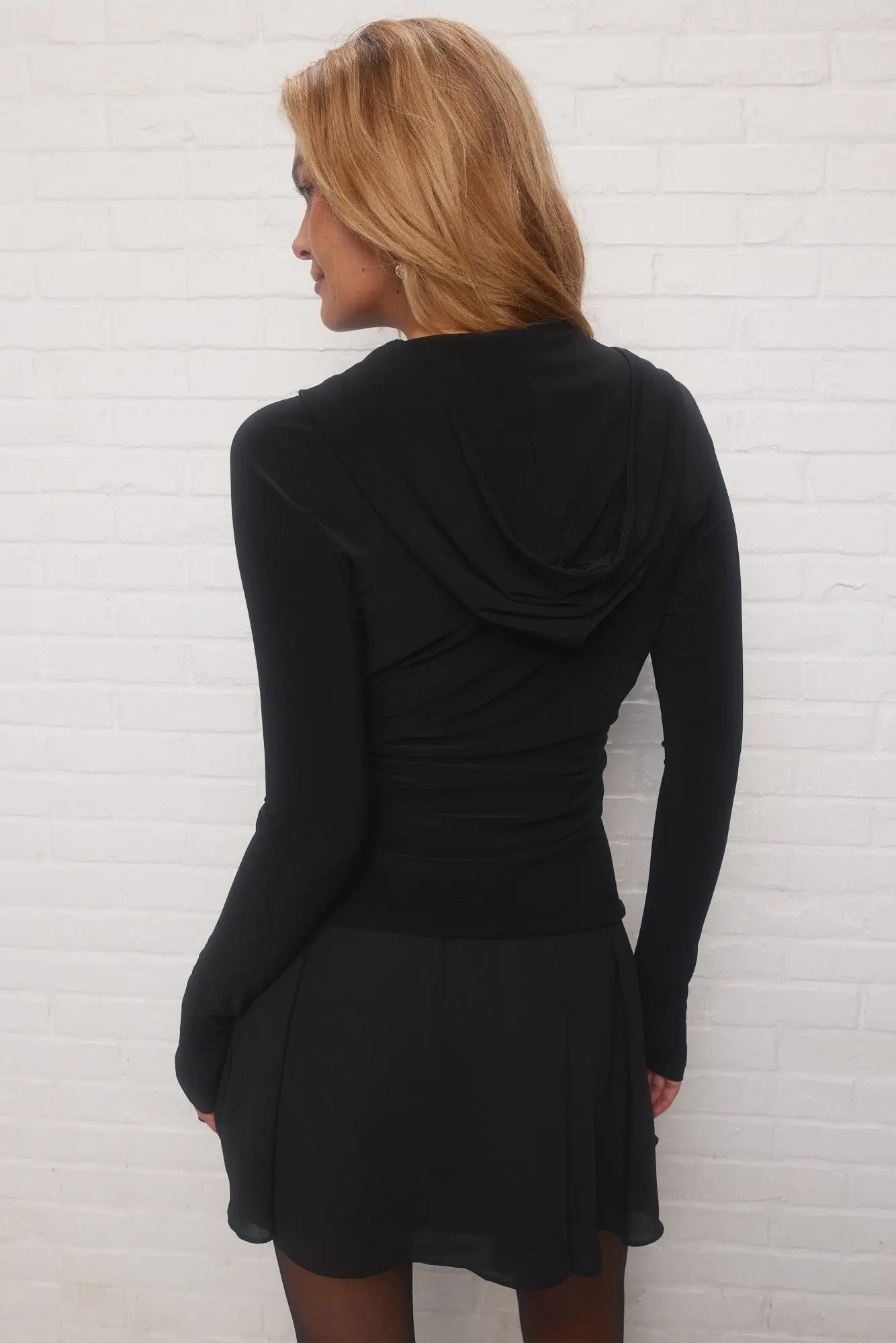 Global Export Order Chic Black Fitted Crossed V-neckline Hooded Sweater Top for Woman