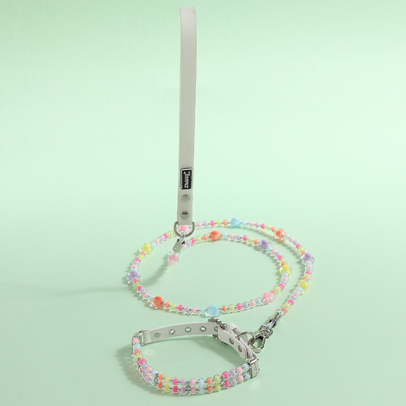 Fashion Dog Leather Collar with Two Rows of Colored Beads, Dog Collar Leash Set for Small Medium Dogs, Pet Neck Decoration, Adjustable Pet Collar Pink