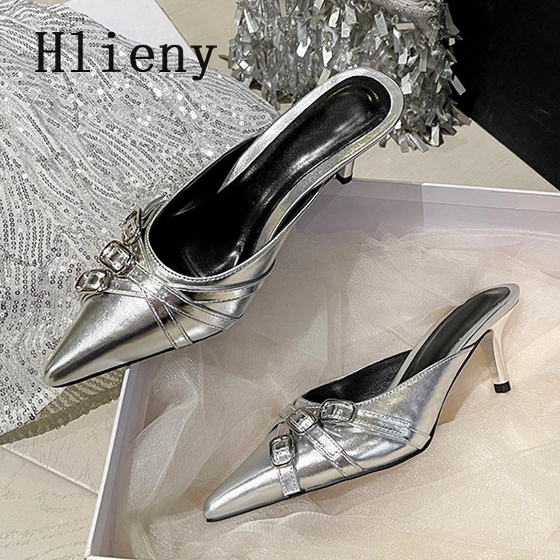 Hlieny 2025 Gold Silver Pointed Toe Ladies Shoes er Low Heels Mules Slippers Fashion Buckle Strap Pumps Women Slides 250217