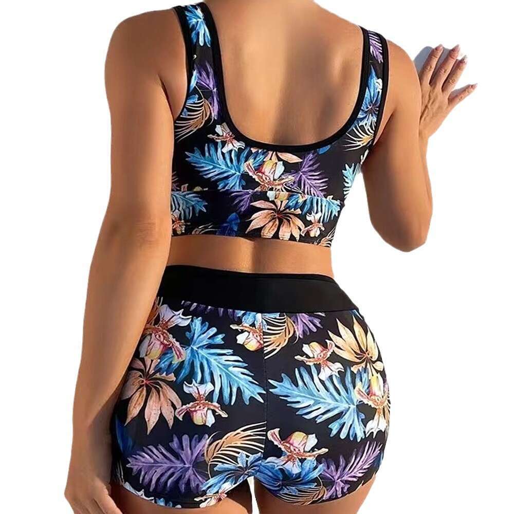 7 Colors European and American Printed V-neck Flat Pants Women's Split Bikini Swimsuit 2025 New Casual Versatile Fashion Clothing