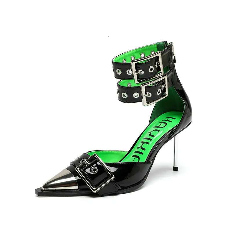 2024 New Pointed High Heels Women's Stiletto Baotou Hollow Metal Iron Toe Patent Leather Sandals Pumps