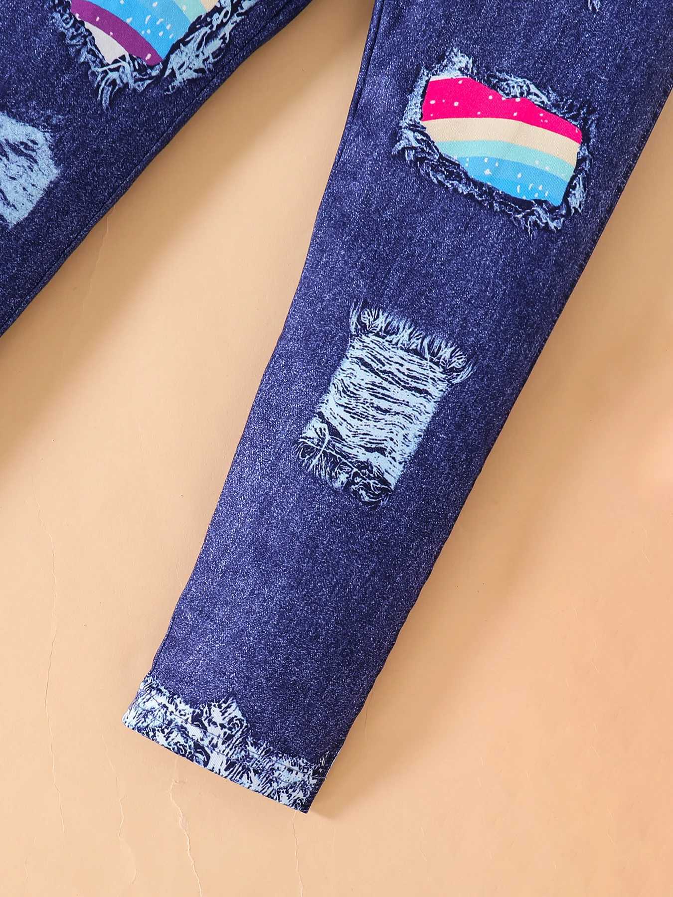 Girls spring and autumn new childrens fashion outdoor casual 2-piece round neck print long sleeve blue slim pants suit W250218