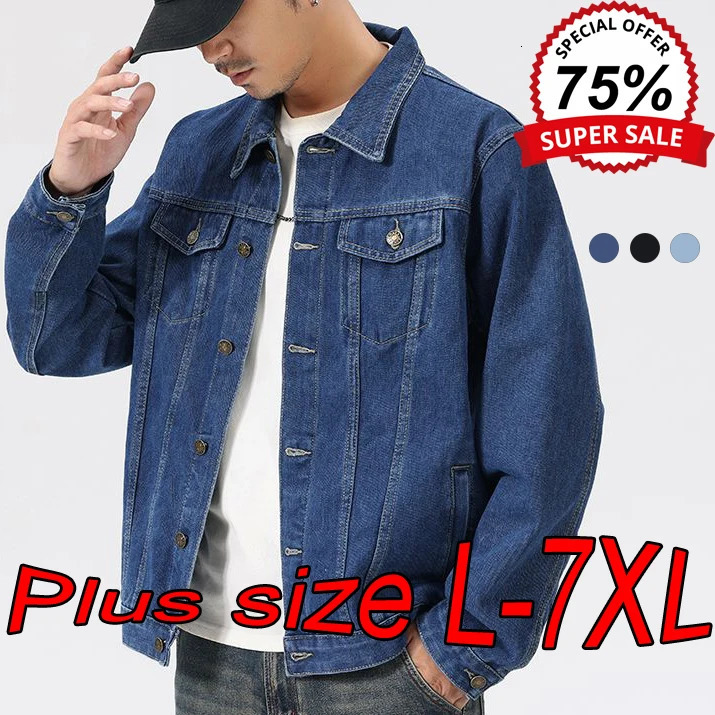 L7XL Mens Denim Jackets Large Size Autumn American Retro Washed Wear Resistant Distressed Tops Oversized Lapel Multicolor Coat 250210