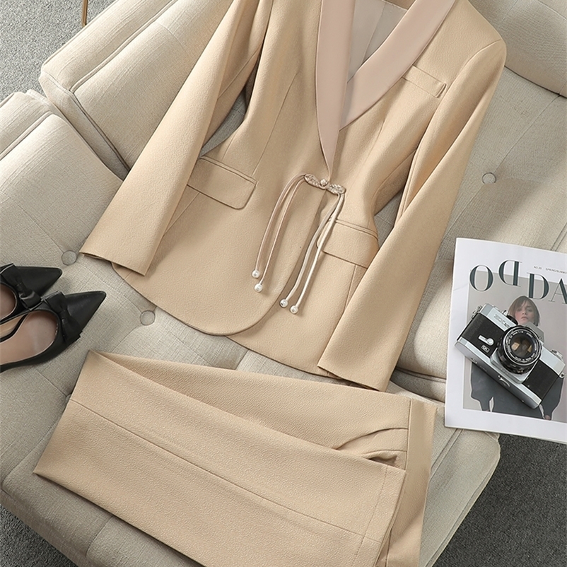 Elegant Khaki Black Beige Women Pant Suit 2 Piece Set Office Ladies Female Business Work Wear Formal Blazer Jacket And 250206