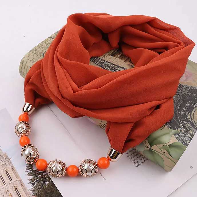 Fashion Head Scarves Solid Color Chiffon Beads Scarf Necklace For Women Maxi Statement Necklaces Jewelry W250218