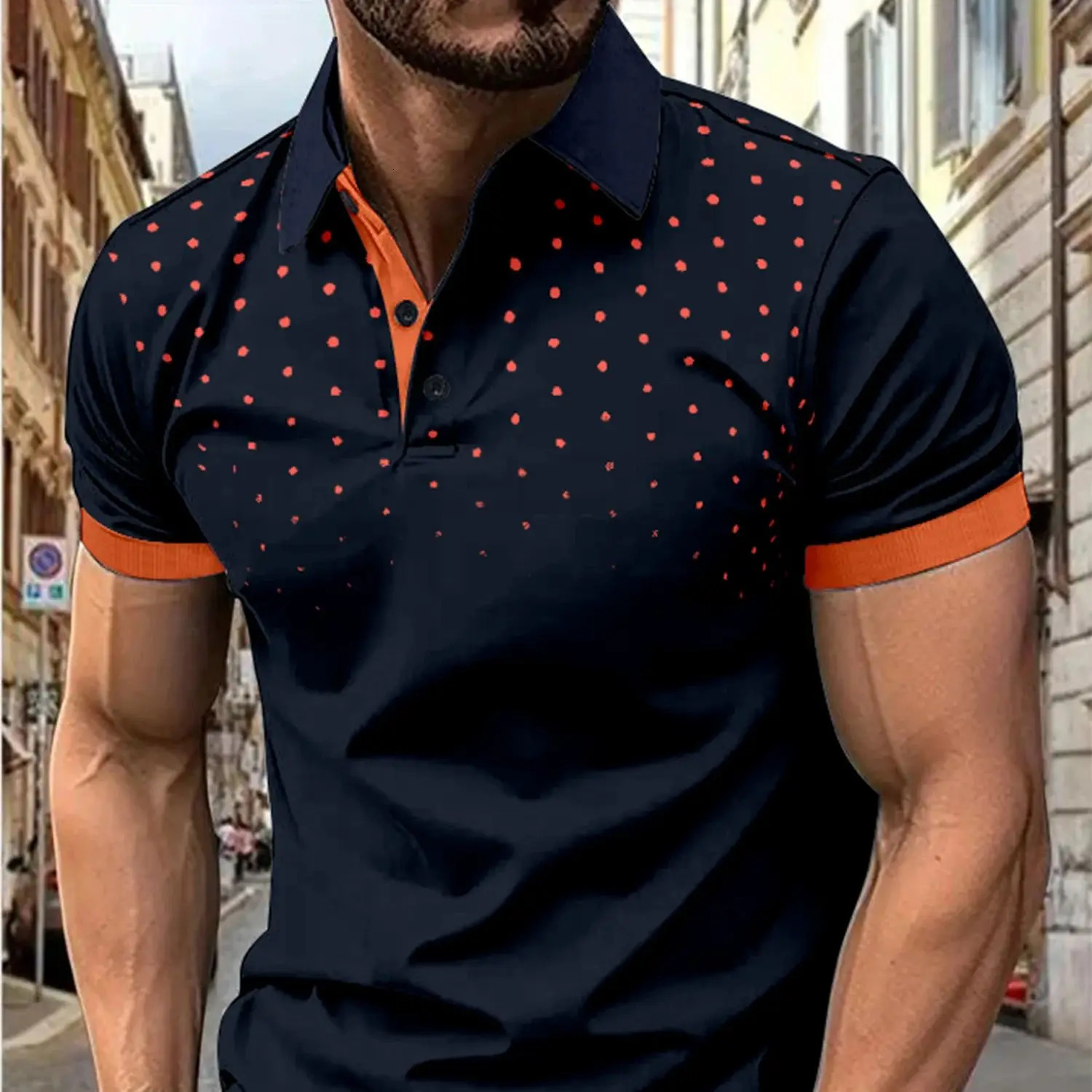 Mens 3D printed short sleeve and lapel short sleeve color matching fashion 250217