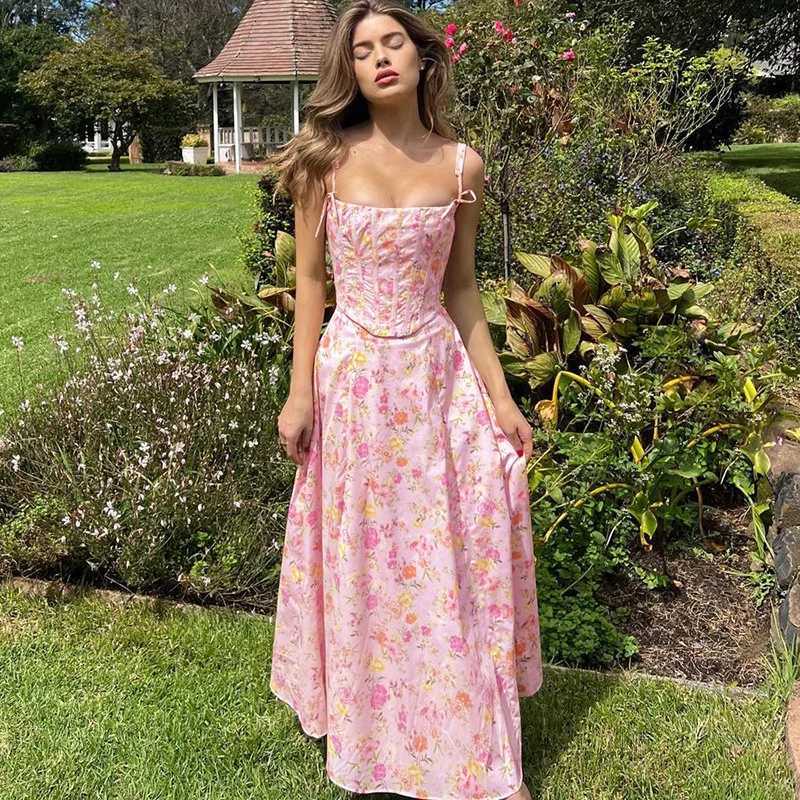 Basic Casual Dresses Lygens Vintage Floral Print Square Collar Coraset Slit Elegant Evening WomenS Dresses Summer Fashion Casual Clothes Strtwear H252